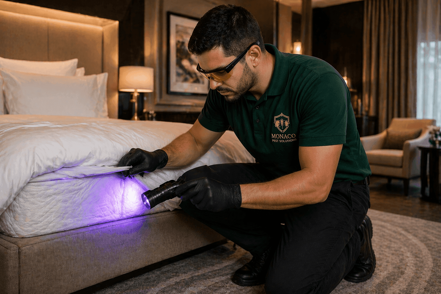 Technicien Monaco Pest Solutions inspectant à la lampe UV — détection et diagnostic